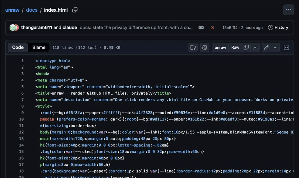 One click: the unraw button beside Raw opens the rendered page in a new tab